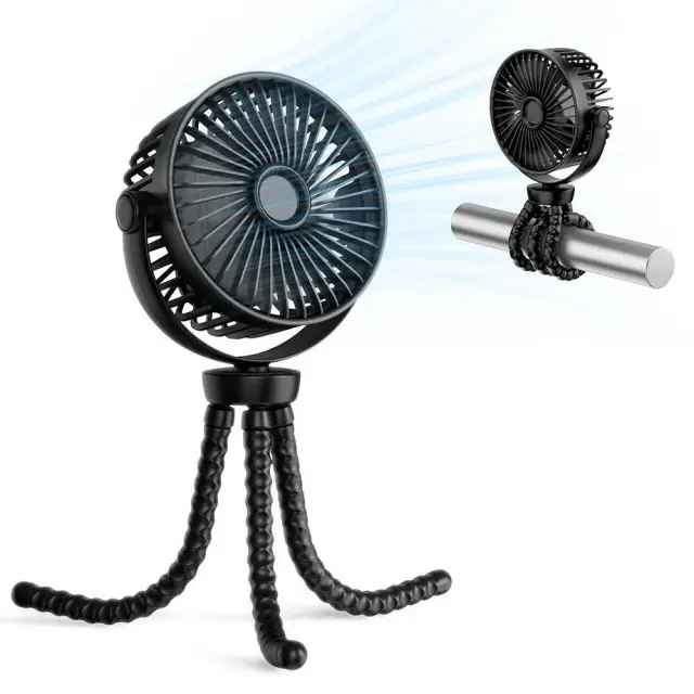 Techsuit - Baby Stroller Fan Octopus Fan (VP1) - Portable, 360° Flexible Tripod Clip, 4000mAh - Black