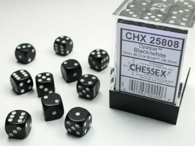 Chessex Opaque 12mm d6 with pips Dice Blocks (36 Dice) - Black w/white