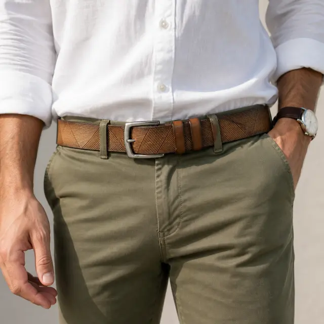 Camel Δερμάτινη Ζώνη Full Grain με Ανάγλυφο Ψαροκόκαλο 4 cm 2