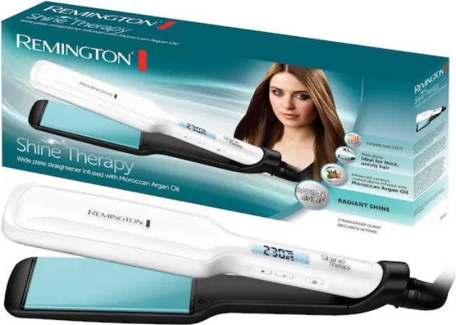 Remington Shine Therapy S8550 Πρέσα Ισιώματος Μαλλιών με Φαρδιές Κεραμικές Πλάκες 35mm, Έλαιο Argan + Βιταμίνη Ε, 10 Ρυθμίσεις έως 235°C