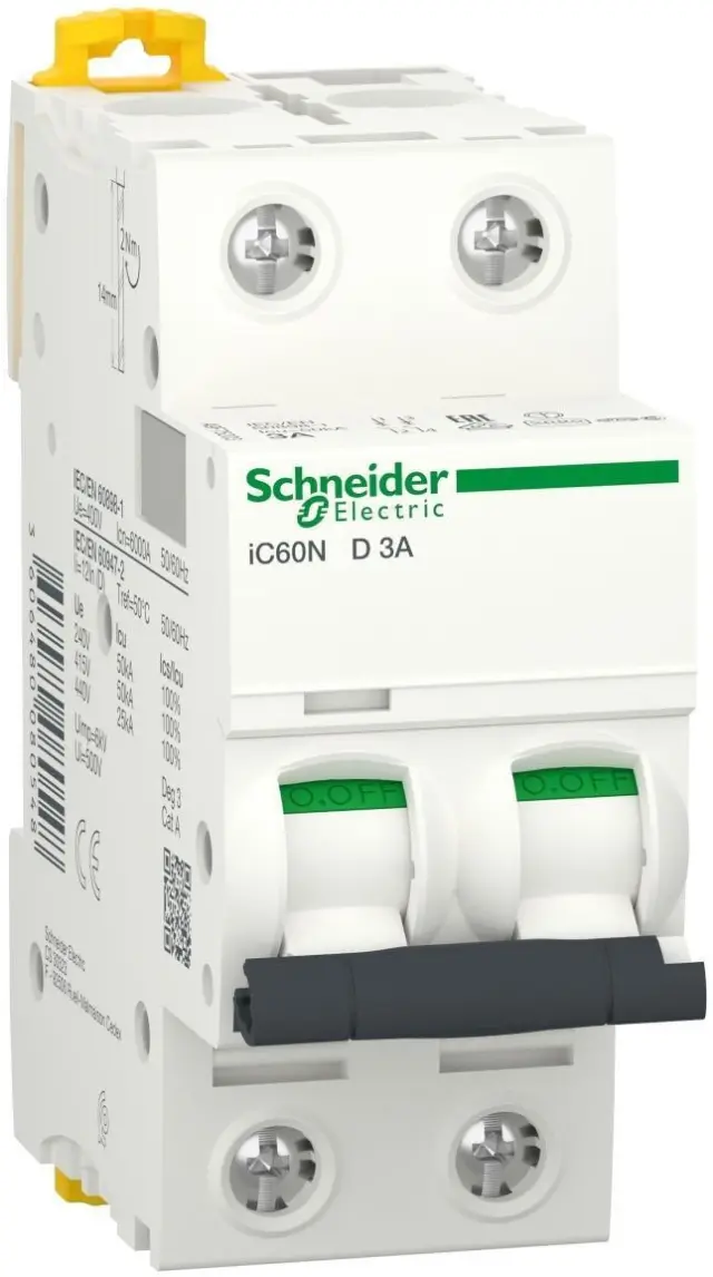 Miniature circuit-breaker, Acti9 iC60N, 2P, 3 A, D curve, 6000 A (IEC 60898-1), 50 kA (IEC 60947-2)