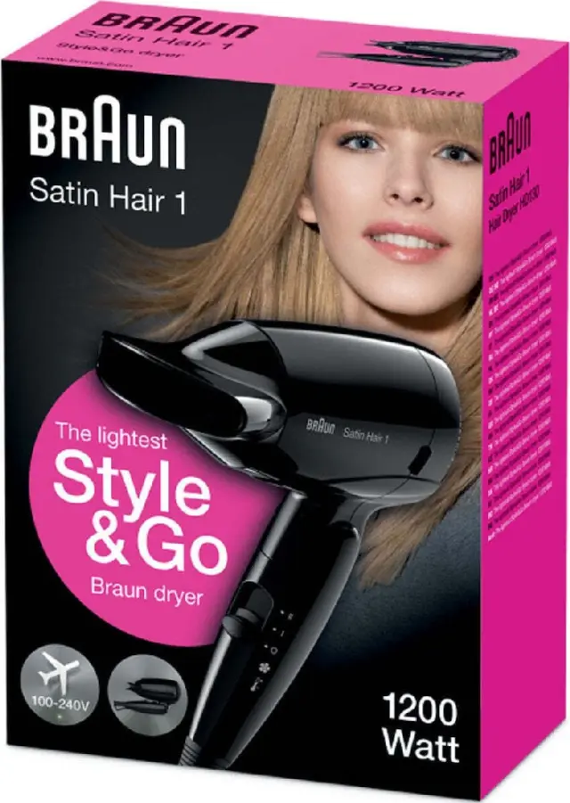 Πιστολάκι Μαλλιών Ταξιδίου Braun BRHD130 Satin Hair 1 Style & Go 1200W με 2 Επίπεδα Θέρμανσης και Ιονική Λειτουργία Μαύρο 2