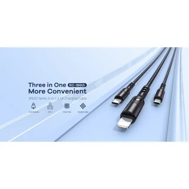 Remax RC-186th Braided USB to Lightning / Type-C / micro USB Cable 3.1A Μαύρο 1.2m 2