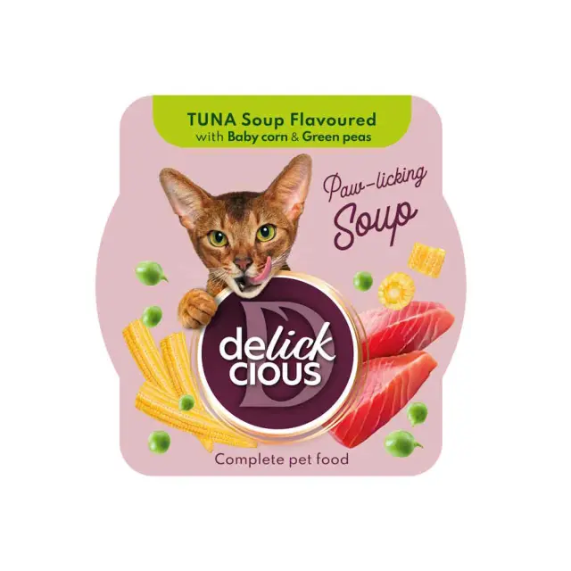 Delickcious Cat Σούπα με Τόνο, Baby Καλαμπόκι και Αρακά 80gr Μονόχρωμο