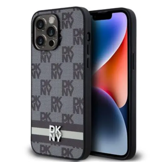 DKNY PU Leather Checkered Pattern and Stripe Case for iPhone 15 Pro Max Black