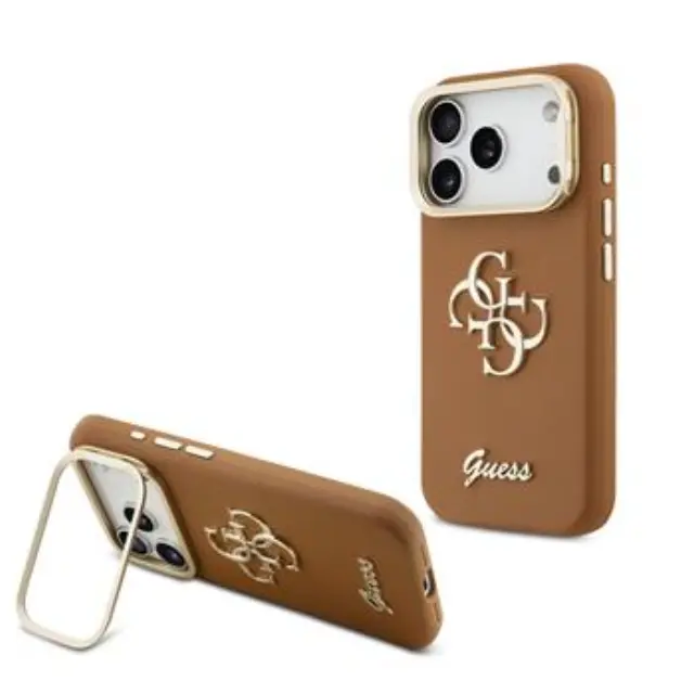 Guess PU Grained 4G Logo Stand Camera Frame Case for iPhone 17 Pro Brown