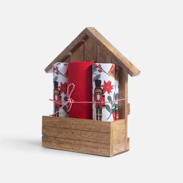 Nef-Nef Homeware Ξύλινο Σπίτι Με Ποτηρόπανα Nutcracker 3 τεμ. 40x70 Λευκό