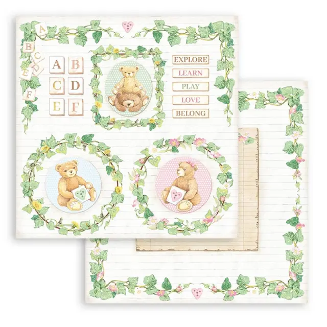 Χαρτί scrapbooking διπλής όψης 30x30cm Stamperia, DayDream, Bears and garlands