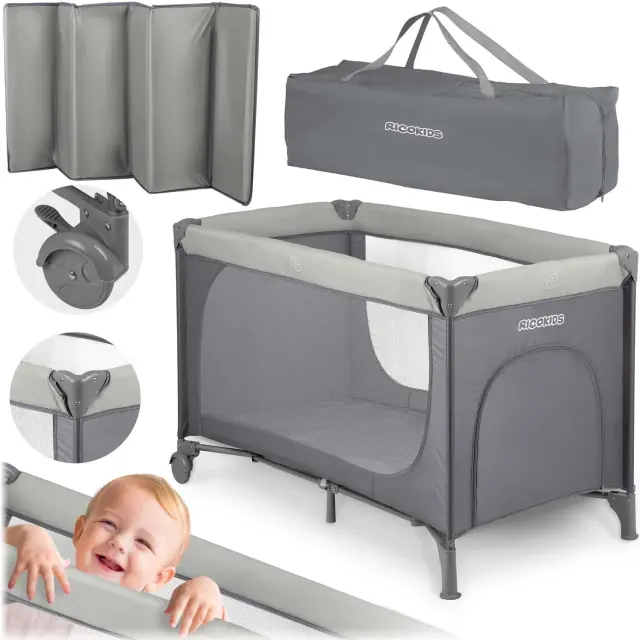 Ricokids Παρκοκρέβατο με ρόδες Light Grey 125x65χ78cm