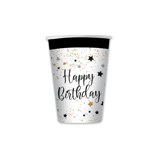 Ποτήρια Χάρτινα 200 ml Happy Birthday / 8 τεμ - Μαύρο Λευκό Χρυσό