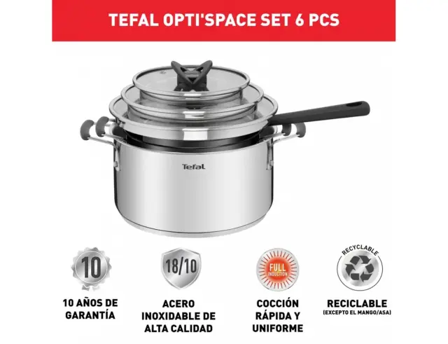 Σετ Μαγειρικά Σκεύη Tefal Optispace G7376S44 με γυάλινο καπάκι από ανοξείδωτο ατσάλι και διαμέτρους 16cm, 20cm και 24cm - 6 τεμάχια G7376S44