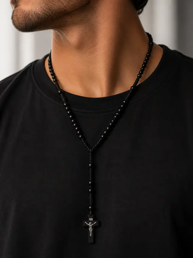 Ghetto Black Rosary-Style Beaded Necklace with Cross