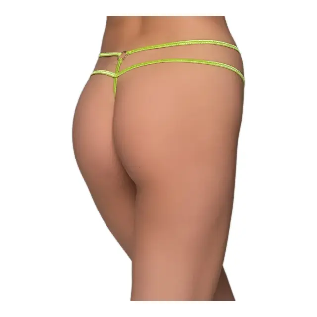Milena Γυναικείο Micro G-String Γυαλιστερό με Διπλά Λάστιχα & Κρικάκια, Χρώμα Lime 2