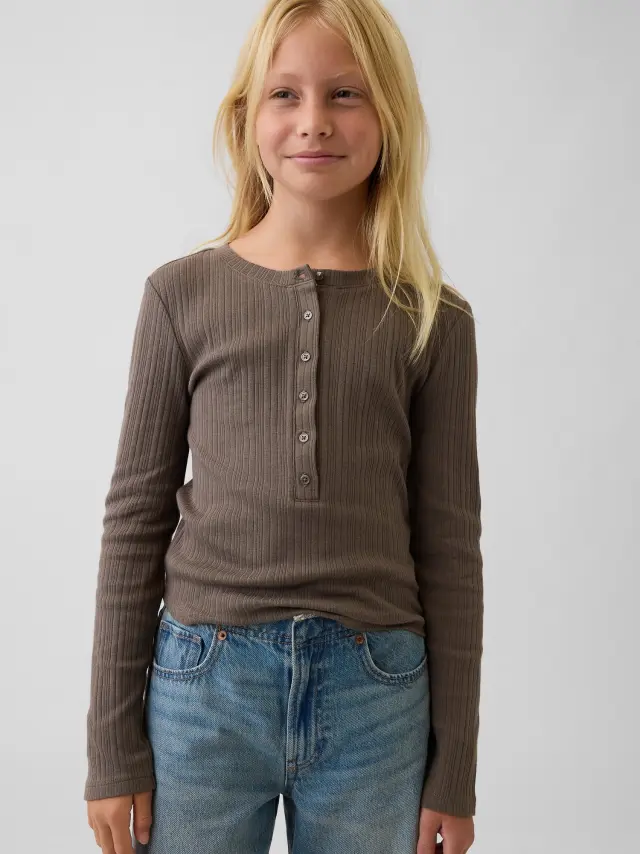 Παιδική Μπλούζα Henley με Ριμπ Πλέξη Toasted almond brown