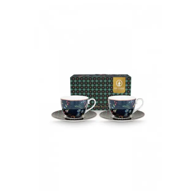 Pip Studio Σετ 2 Πορσελάνινα Φλυτζάνια Τσαγιού 280ml με Πιατάκι / Set 2 Cups in a Gift Box: Berry Blues