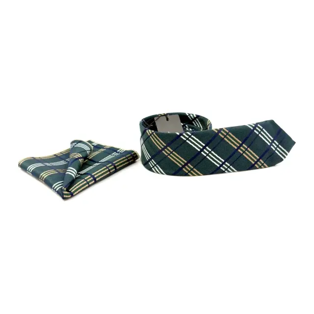 Πράσινη Γραβάτα Καρό Microfiber Σετ με Μαντήλι 6,5 cm 3