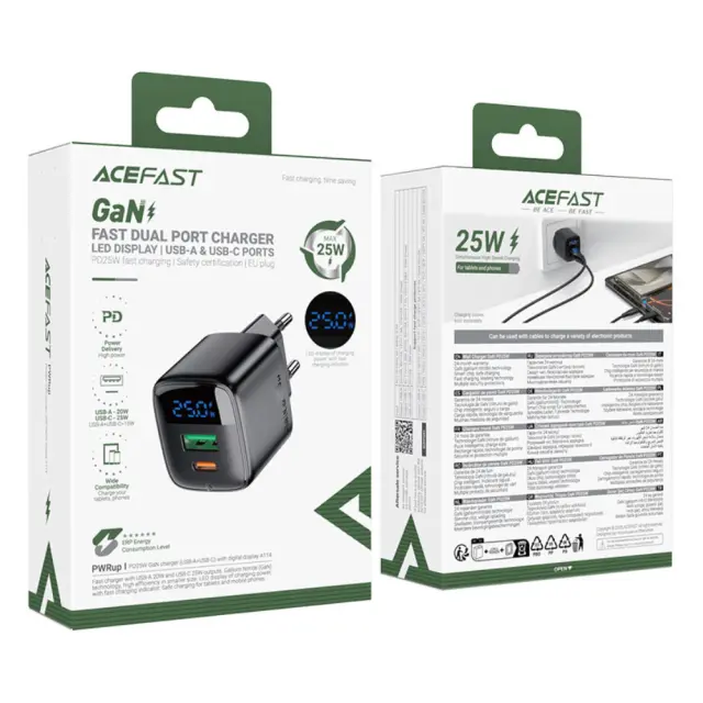 Φορτιστής Ταξιδίου Acefast A114 Fast Charging 1xUSB-A + 1xUSB-C PD25W QC3.0 GaN με LED Ένδειξη Μαύρος 2
