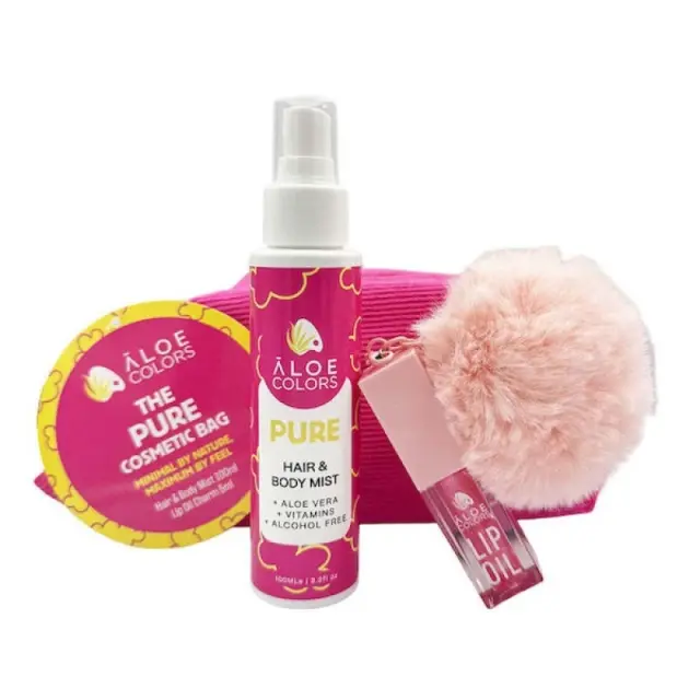 Aloe Colors The Pure Cosmetic Bag/ Hair + Body Mist με Πουδρένιο Άρωμα -100ml + Lip Oil με pom pom Charm -5ml + ΔΩΡΟ Νεσεσέρ 2