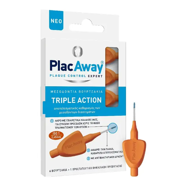 Plac Away Μεσοδόντια Βουρτσάκια Triple Action 0.45mm, ISO 1, Πορτοκαλί, 6τεμ