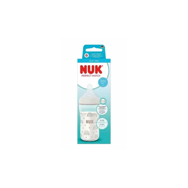Nuk Γυάλινο Μπιμπερό Perfect Match Κατά των Κολικών με Θηλή Σιλικόνης για 3+ μηνών Λευκό 230ml