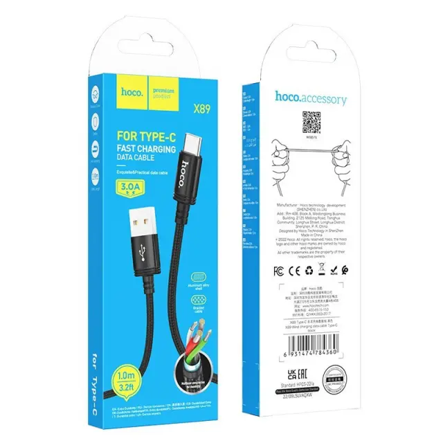 Καλώδιο Hoco X89 Wind USB σε USB-C 3A Braided Μαύρο 1m 3