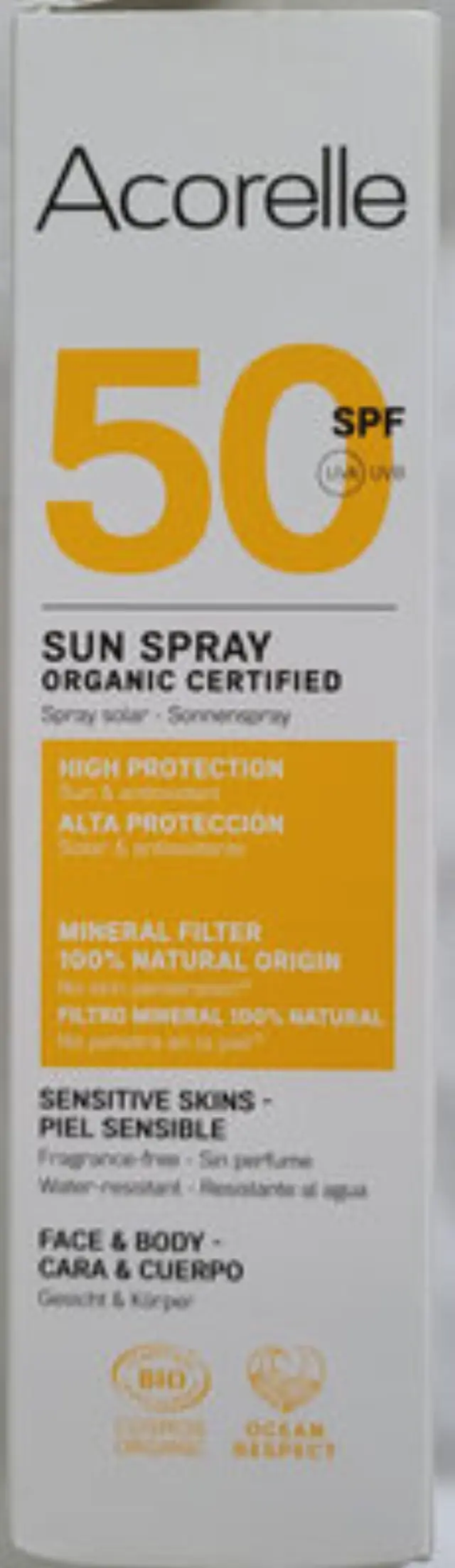 Acorelle Certified Organic Sun Spray SPF50 - Βιολογικό Αντηλιακό Σπρέι SPF 50 για Πρόσωπο & Σώμα, 100ml