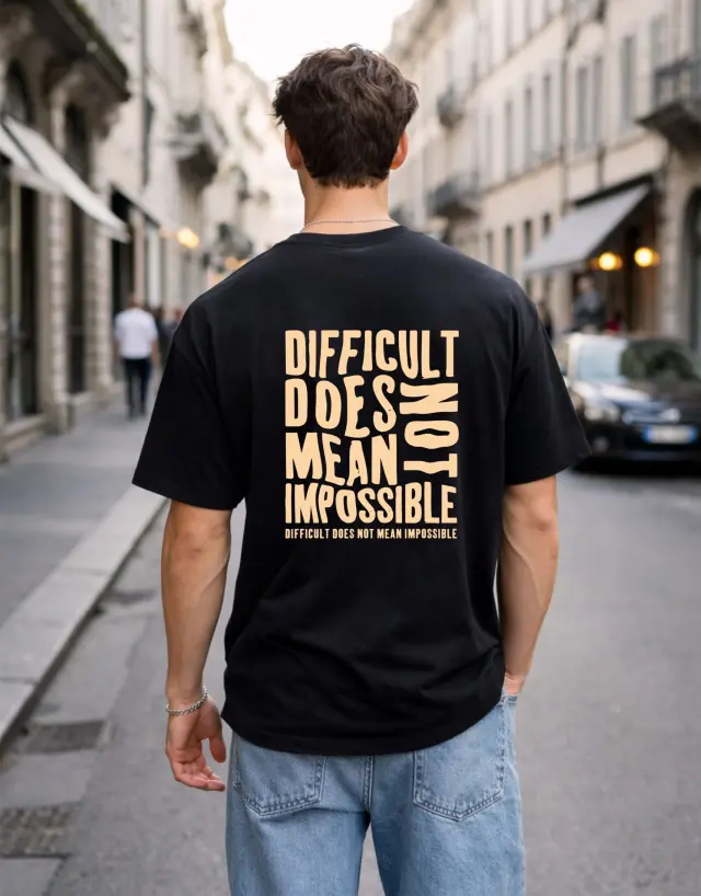 T-shirt Noshame® Oversized Μαύρο με τύπωμα Difficult Does Not Mean Impossible - 142669 - XXL