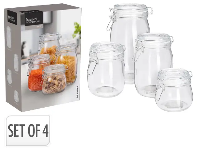 Σετ Γυάλινα Δοχεία Τροφίμων Excellent Houseware με καπάκι, Χωρητικότητας 500ml, 750ml, 1000ml, 1500ml - 4 τεμάχια CD4000300