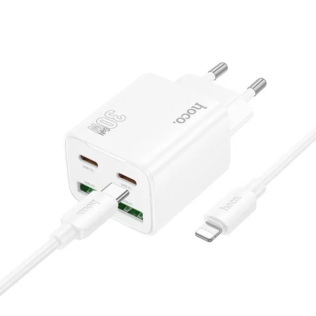 Hoco Φορτιστής με Θύρες USB-C, USB-A και Καλώδιο Lightning 30W Λευκός N56