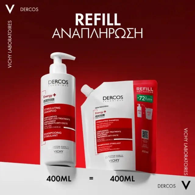 VICHY DERCOS Energy+ Δυναμωτικό Σαμπουάν Κατά της Τριχόπτωσης με Aminexil και Νιασιναμίδη Refill 400ml 2