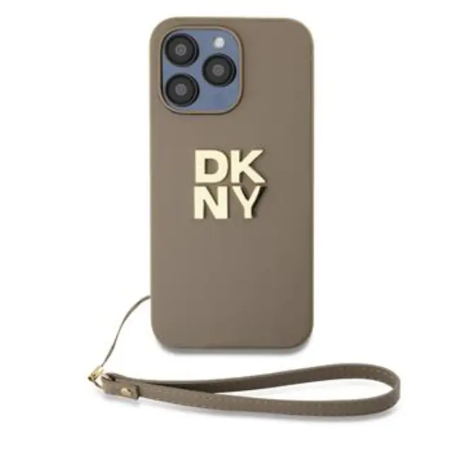 DKNY PU Leather Stack Logo Wrist Strap Case for iPhone 14 Pro Max Beige
