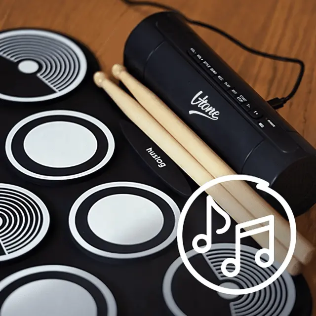 V-TONE RD7 electronic drum kit roll-up USB-C AUX 7 pads pedals drumsticks built-in speakers 2x3W headphone output percussion set 3