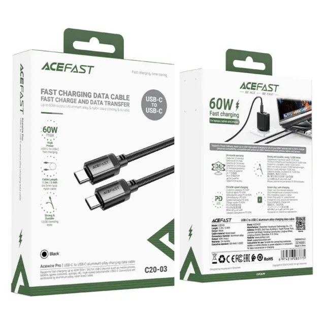 Καλώδιο Acefast C20-03 Μεταλλικό USB-C σε USB-C 60W 20V/3A USB2.0 Braided Μαύρο 1.2m 2