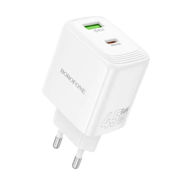 Φορτιστής Ταξιδίου Borofone BN30 Cargador GaN με 1xUSB-C PD45W και 1xUSB-A QC PD18W Λευκός 3