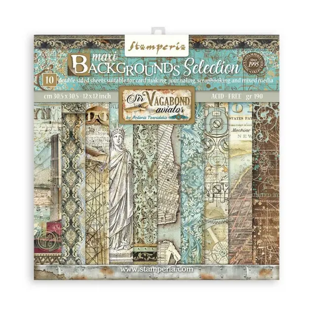 Χαρτιά scrapbooking Stamperia 10τεμ, 20.3x20.3cm, Backgrounds Selection, Sir Vagabond Aviator