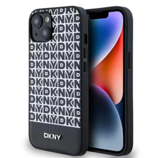 DKNY PU Leather Repeat Pattern Bottom Stripe MagSafe Case for iPhone 14 Black