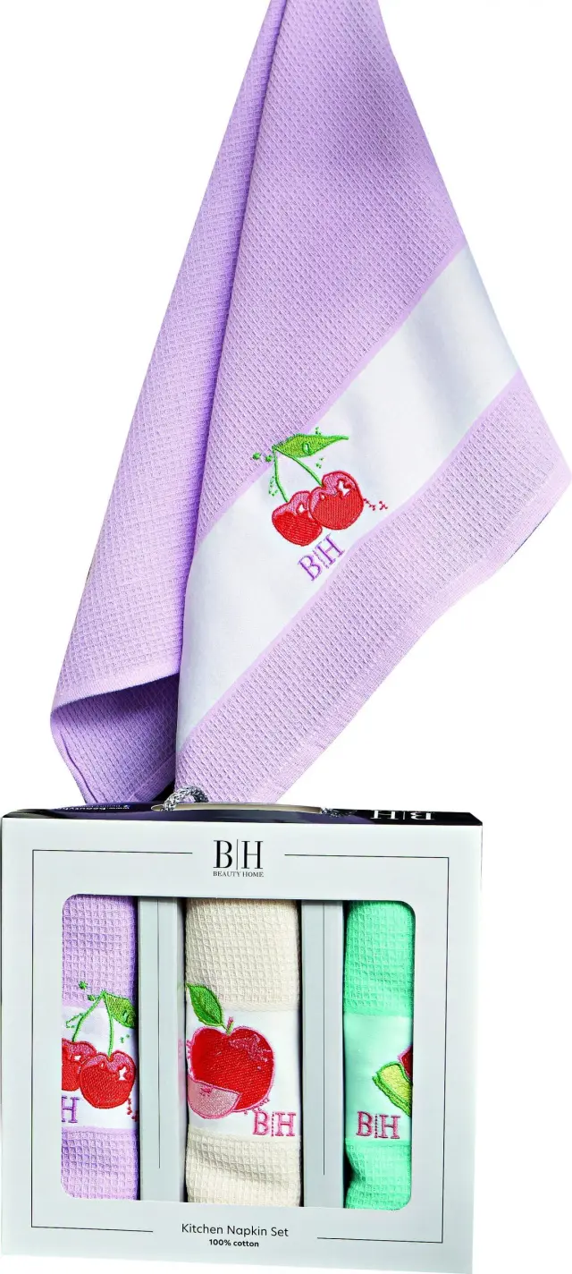 Beauty Home Ποτηρόπανα σετ 3τμχ Fruits Art 8286 40x60 Εκρού,Σιέλ,Ροζ 2