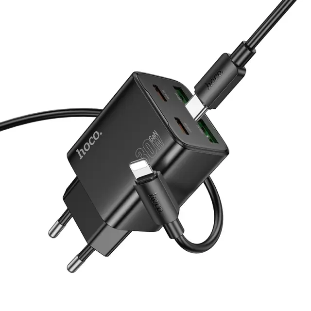 Hoco Φορτιστής με Θύρες USB-C, USB-A και Καλώδιο Lightning 30W Μαύρος N56 2