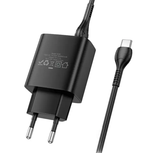 Φορτιστής Ταξιδίου Hoco. DC93 1xUSB-A 5V 2.1A με Καλώδιο USB-A σε USB-C Μαύρο 3