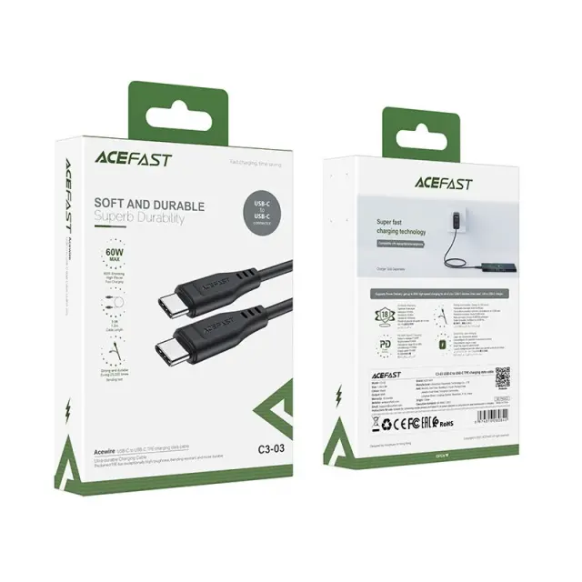 Καλώδιο σύνδεσης Acefast C3-03 USB-C σε USB-C Braided 3A 60W 1.2m Μαύρο 2
