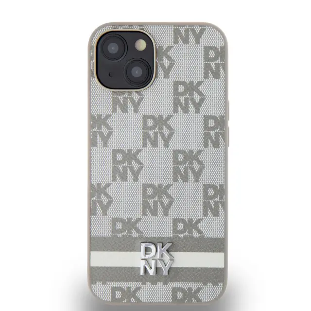 DKNY PU Leather Checkered Pattern and Stripe Case for iPhone 14 Beige 2