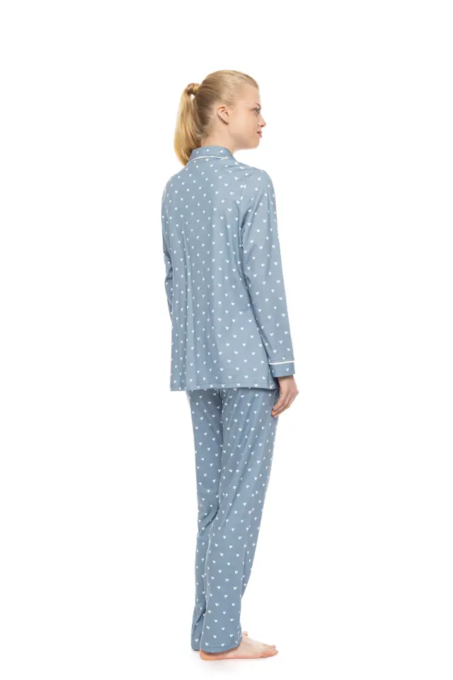 Pink Label Pyjama Buttoned Stone Blue Heart σετ γυναικεία χειμερινή πυτζάμα W1950-1 2