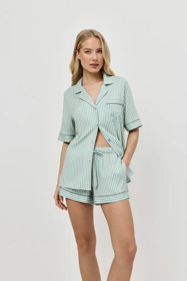 Aruelle Moss Set Short Πιτζάμα Με Κουμπιά Πράσινο Ριγέ - S