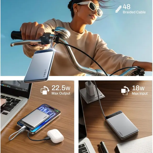 Lisen® Ultra-Slim Powerbank με Built-In USB-C Καλώδιο 10000mAh 22.5W- Gray 2