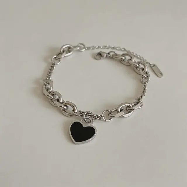 Silver Stainless Steel Bracelet with Black Heart Charm