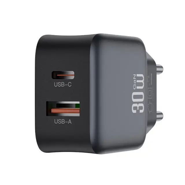 Universal φορτιστής με 2 εξόδους, 1xUSB-A & 1xUSB-C, PD30W & QC18W σε μαύρο χρώμα