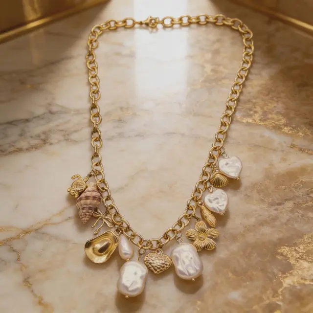 Pearl & Ocean Charm Necklace in Stainless Steel