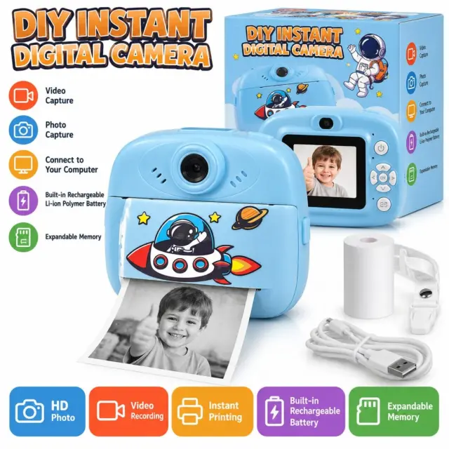 DIY Instant Digital Camera AM300 Παιδική Ψηφιακή Φωτογραφική Μηχανή με Άμεση Εκτύπωση, Βίντεο, Επαναφορτιζόμενη Μπαταρία + Σχέδιο Αστροναύτη – Μπλε 2