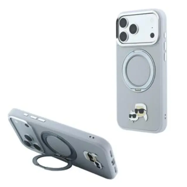 Karl Lagerfeld PU Grained K&CH Heads Ring Stand Magsafe Case for iPhone 18 Pro Grey