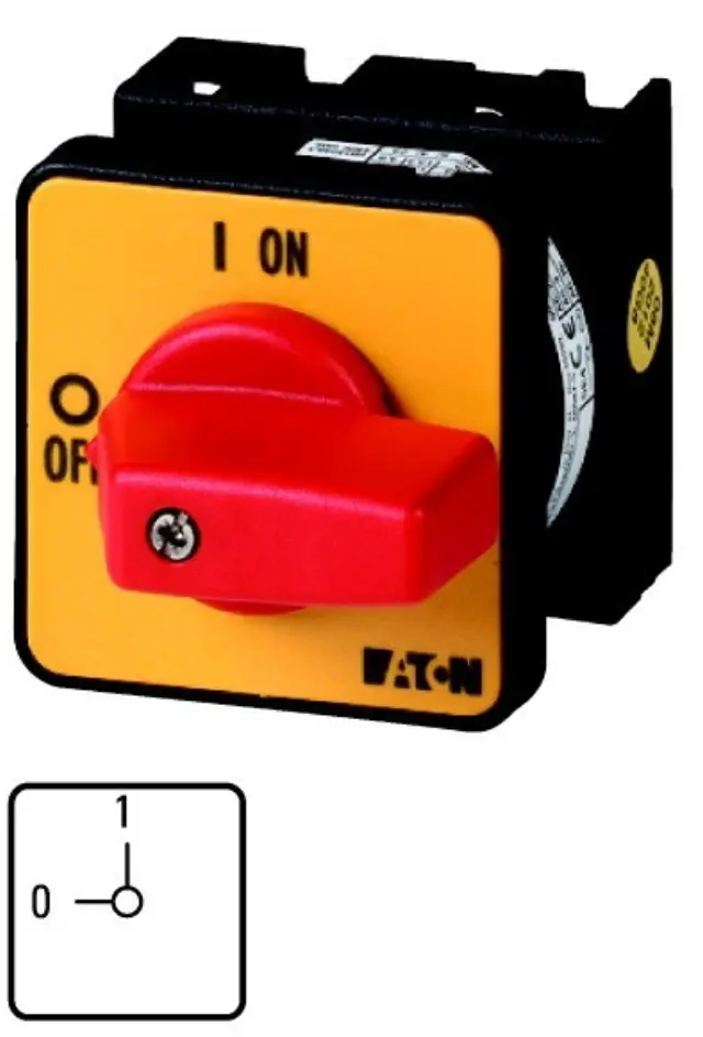 T0-2-1/E-RT On-Off switch, T0, 20 A, flush mounting, 2 contact unit(s), 3 pole, Emergency switching off function, with red thumb grip and yellow front plate